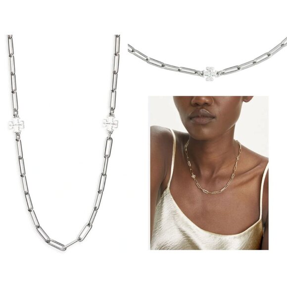 Tory Burch Silver Good Luck Chainlink Logo Necklace - Picture 1 of 9
